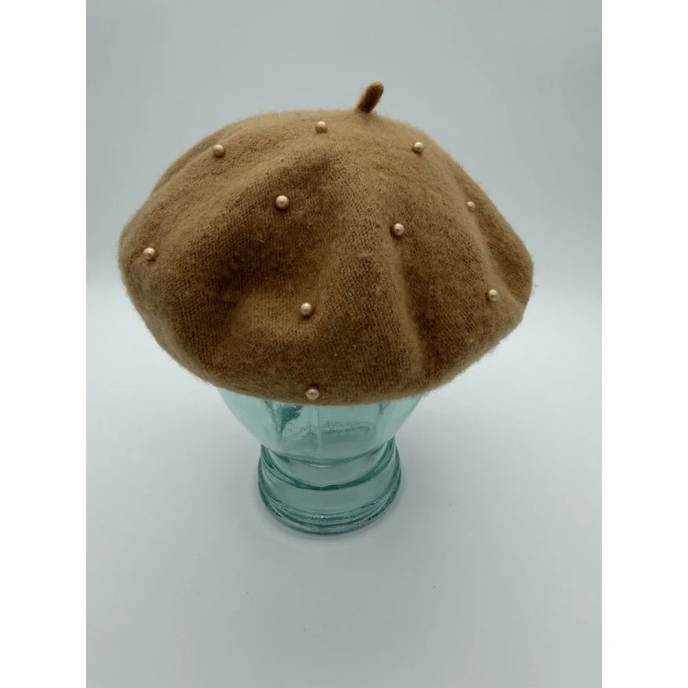 Marcus Adler Women's Wool Pearl Beaded French Beret Hat One Size Tan Brown